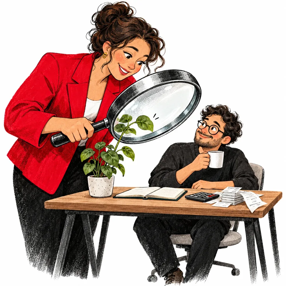 An accountant takes a closer look at a founder’s business with a giant magnifying glass