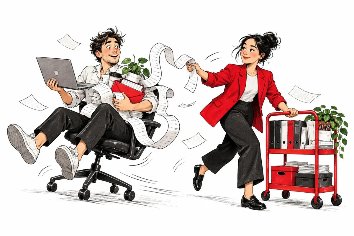 A founder juggling receipts and a laptop gets a helping hand from an accountant